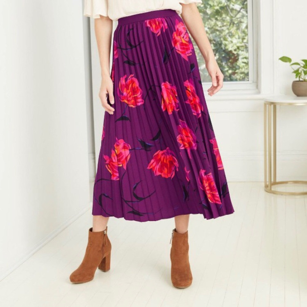 NWT A New Day Floral Print Pleated A-line Skirt